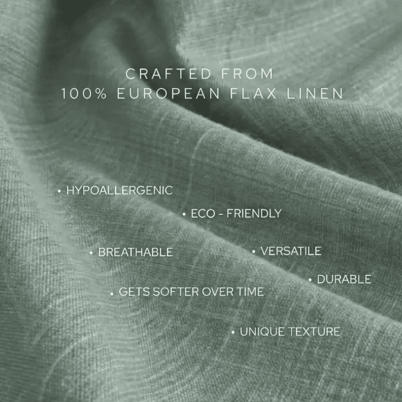 Textured fabric with descriptive text about Belgian linen