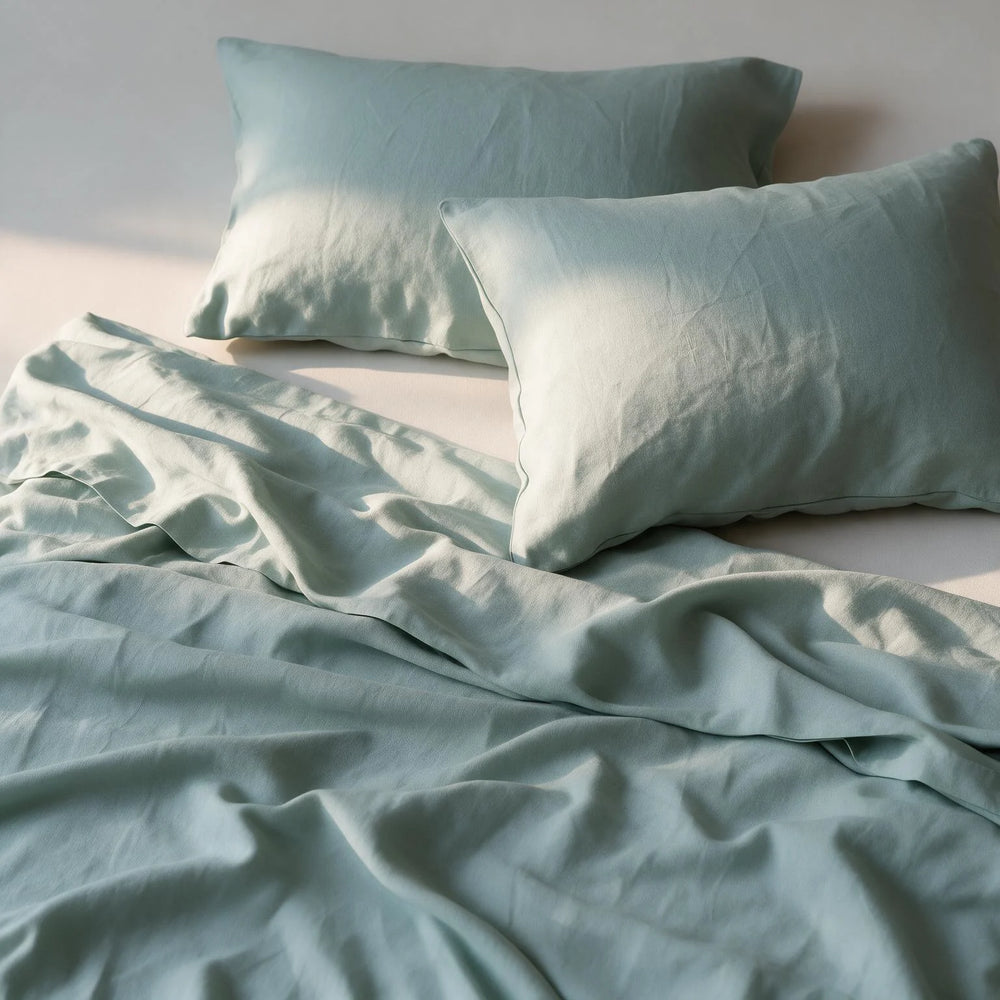 Soulesthetic Blue Surf linen flat sheet set – stonewashed sage-blue linen bedding with pillowcases, natural light styling
