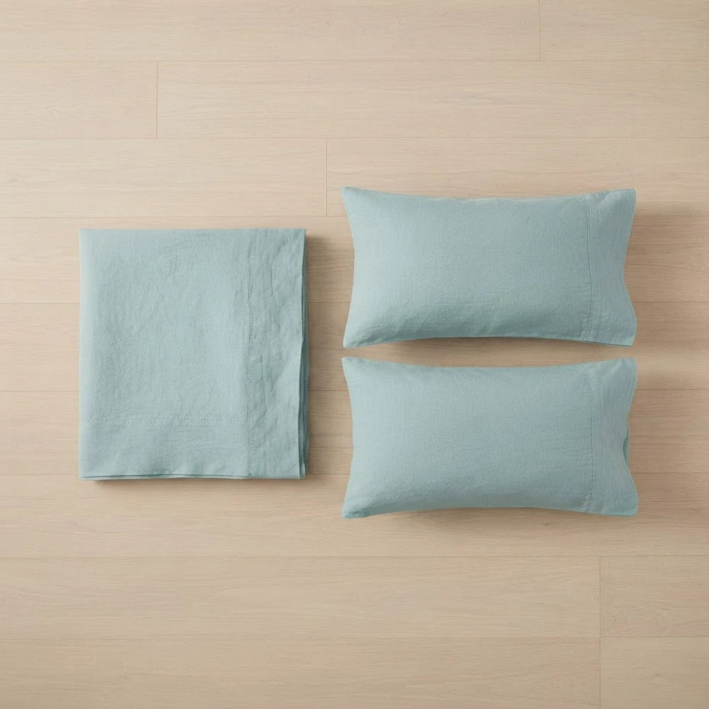 Blue Surf Linen Flat Sheets With Matching Pillow Covers