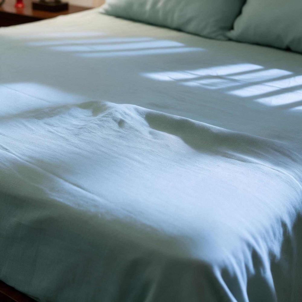 Close-up of two Blue Surf linen pillowcases on a matching flat sheet against a dark wood headboard, soft window light casting gentle shadows across the stonewashed sage-blue linen