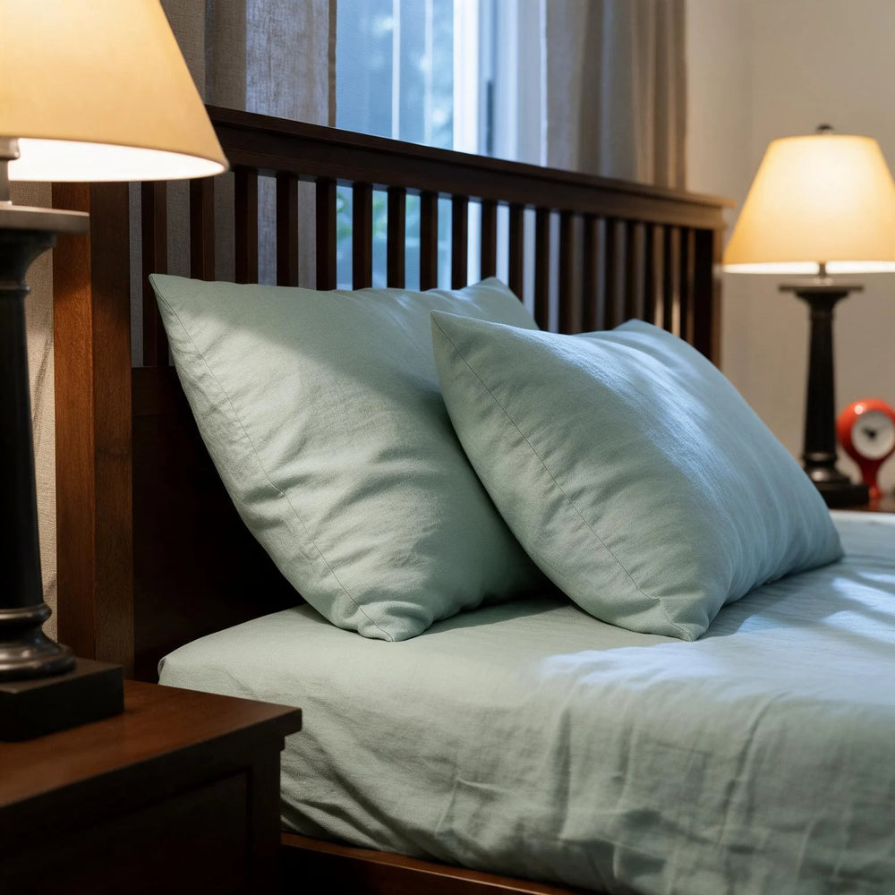 Two Blue Surf linen pillowcases propped against a dark wood headboard flanked by bedside lamps, sage-blue stonewashed linen in a cosy bedroom setting