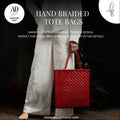 Person holding a red hand braided leathertote bag with text about craftsmanship and design.