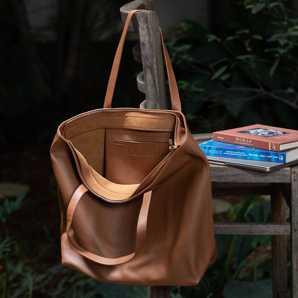 Caramel Leather Wide Tote Bag Inside View