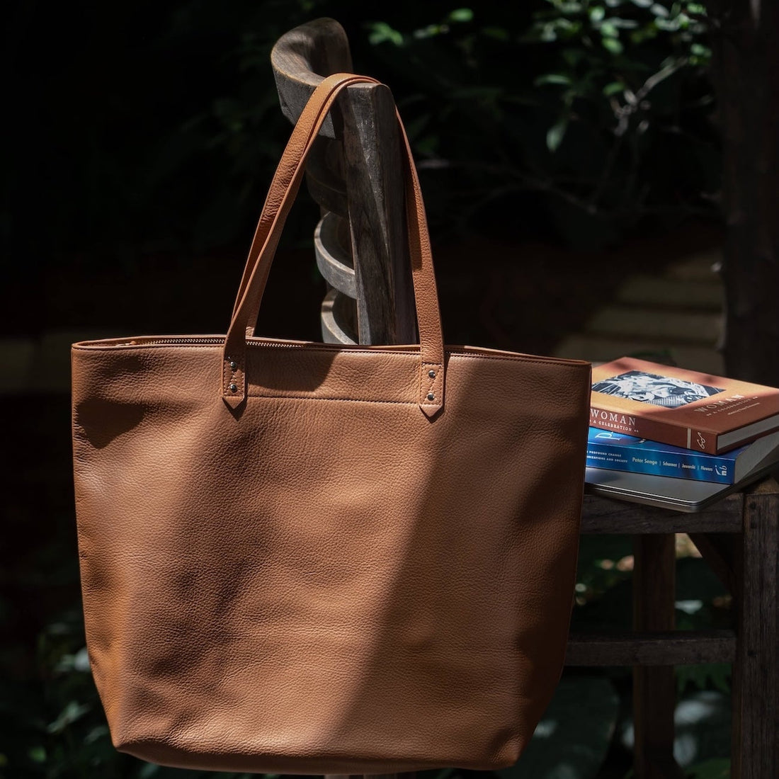 Caramel Leather Wide Tote Bag