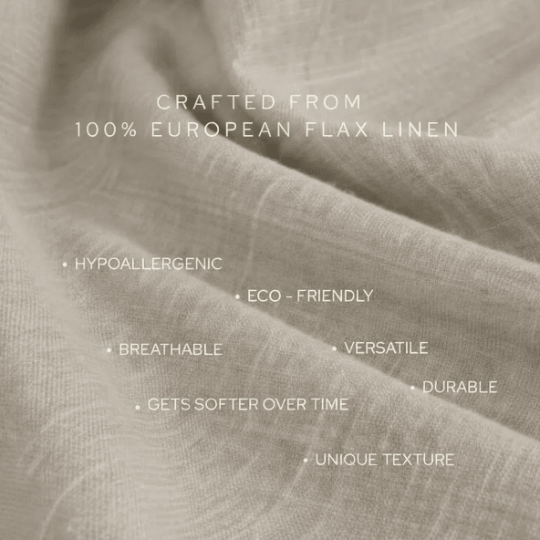 Textured fabric with features of 100% Belgian linen highlighted.