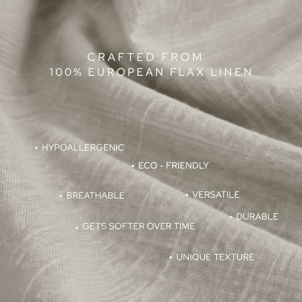 Textured fabric swatch in a warm light beige-gray tone with draped folds and overlaid marketing text reading 'CRAFTED FROM 100% EUROPEAN FLAX LINEN' and feature bullet points including hypoallergenic, eco-friendly, breathable, versatile, durable, and unique texture.