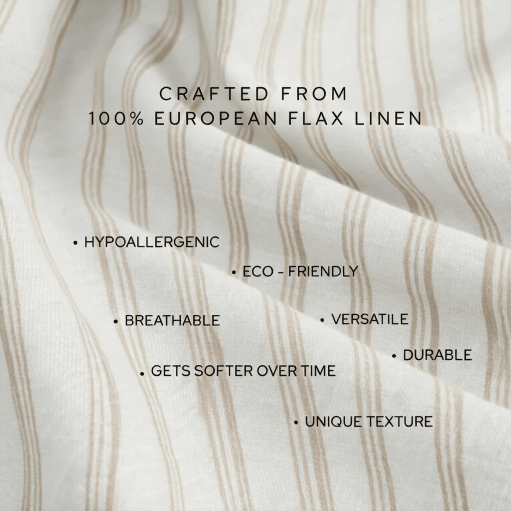Textured fabric with features of 100% Belgian linen highlighted.
