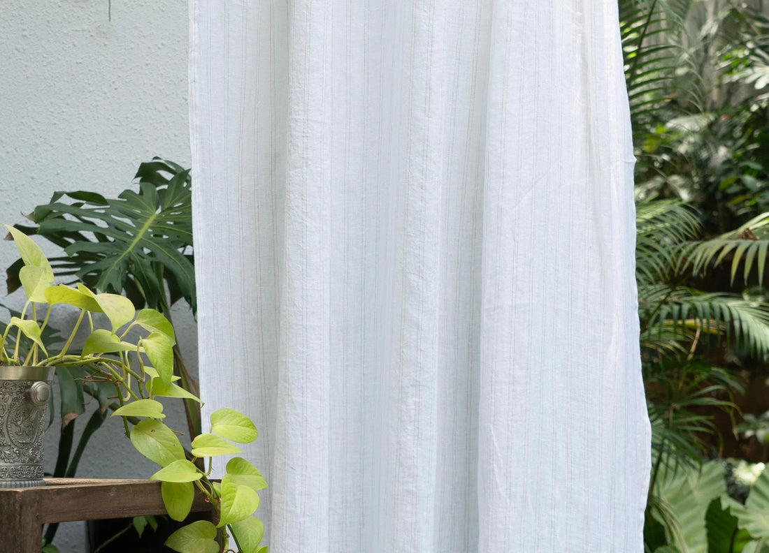 Softly Draped Linen Curtains in White with Natural (Beige) Stripes