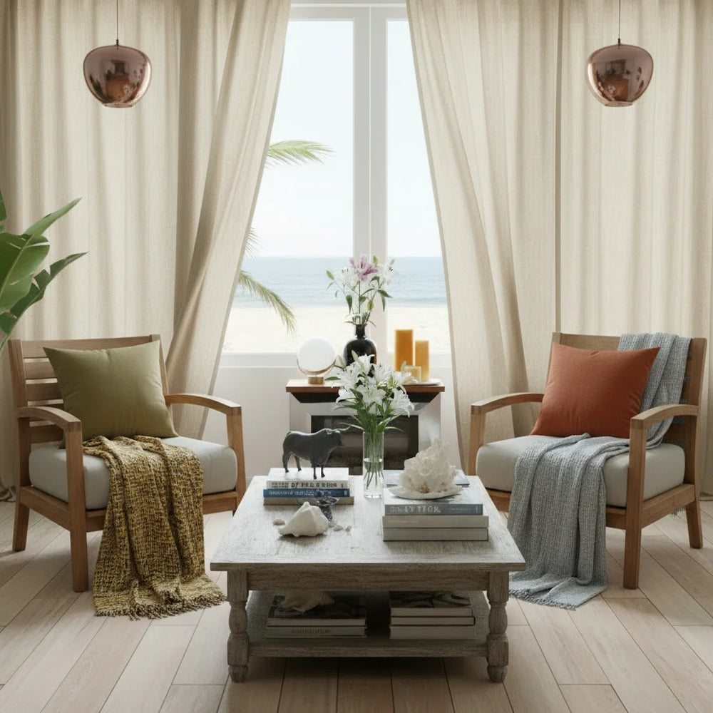 Cozy living room with wooden chairs, a coffee table, and decorative items.