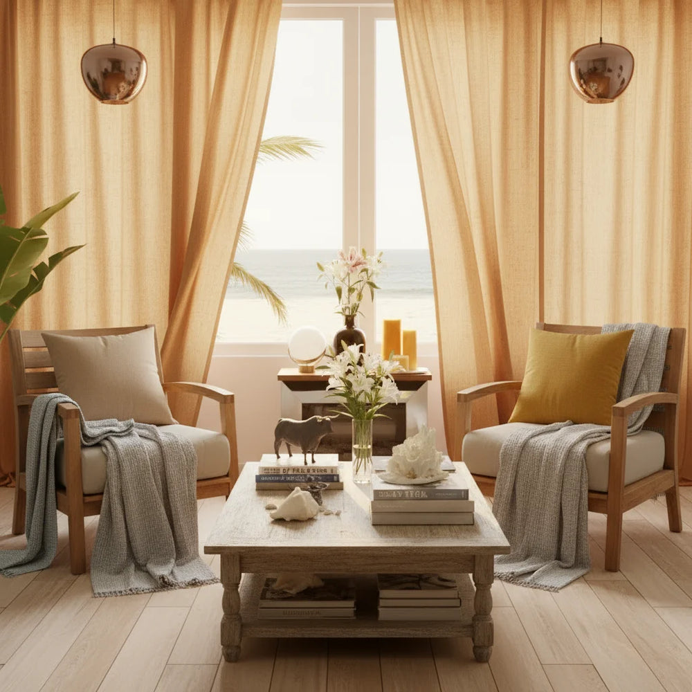 Cozy living room with wooden chairs, a coffee table, and decorative items.