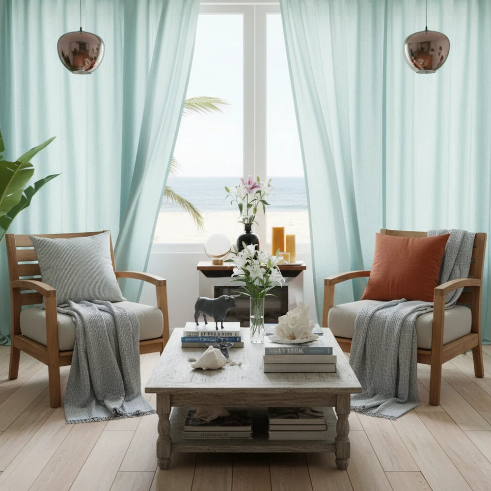 Cozy living room with wooden chairs, a coffee table, and decorative items.