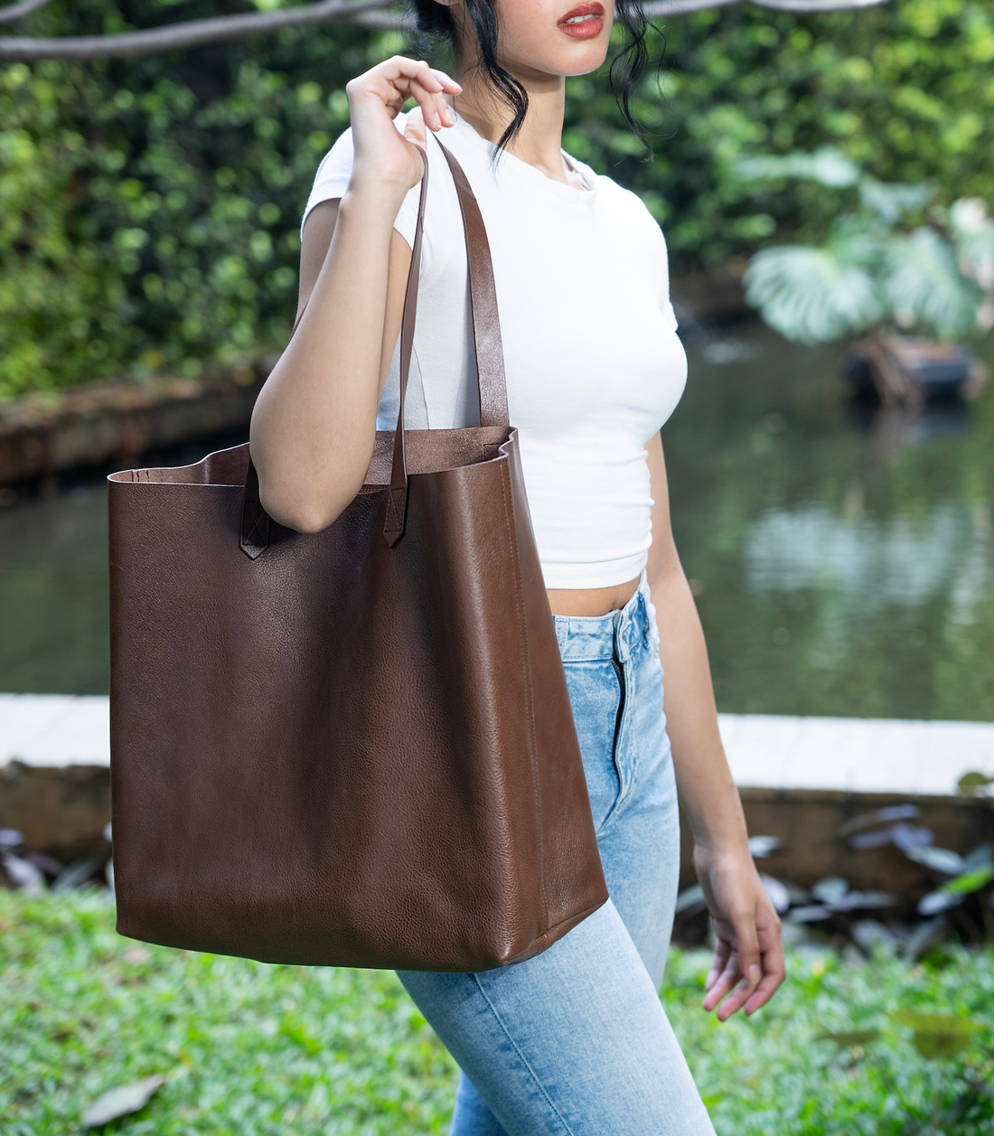 Leather Wide Tote - Dark Espresso