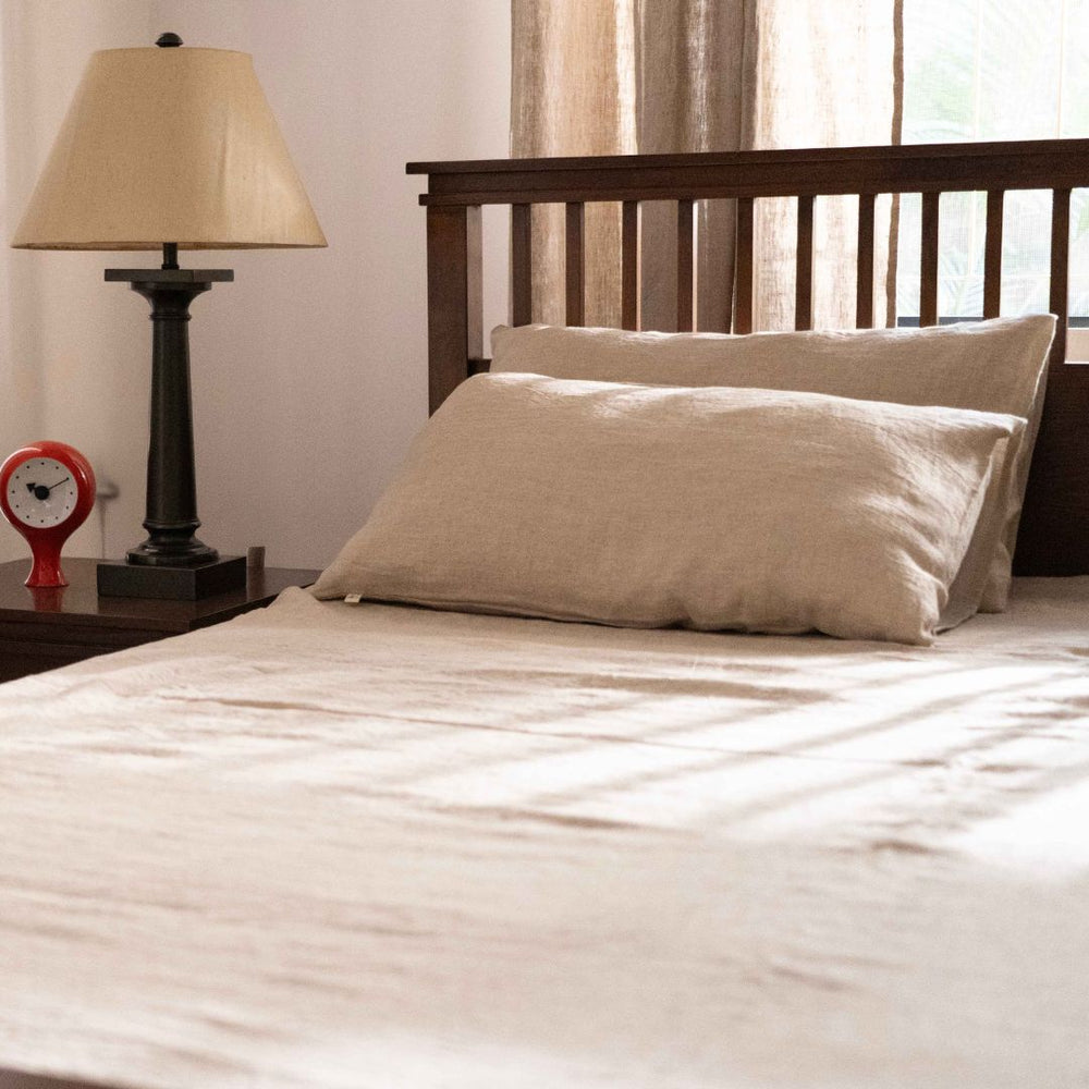 Natural linen flat sheet with pillowcase, soft earthy tone, breathable woven texture — soulesthetic