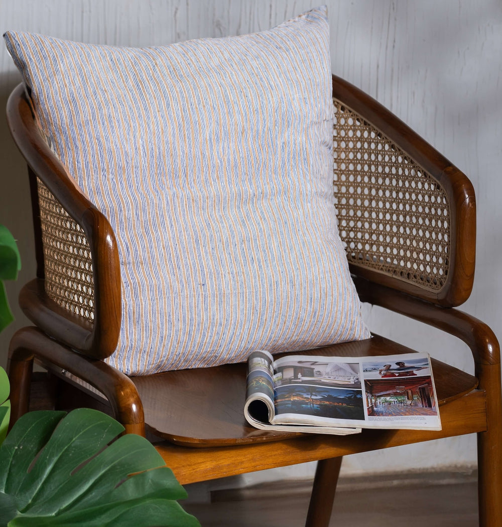 Gold with Black Stripes Linen Cushion Cover on a Wooden Chair