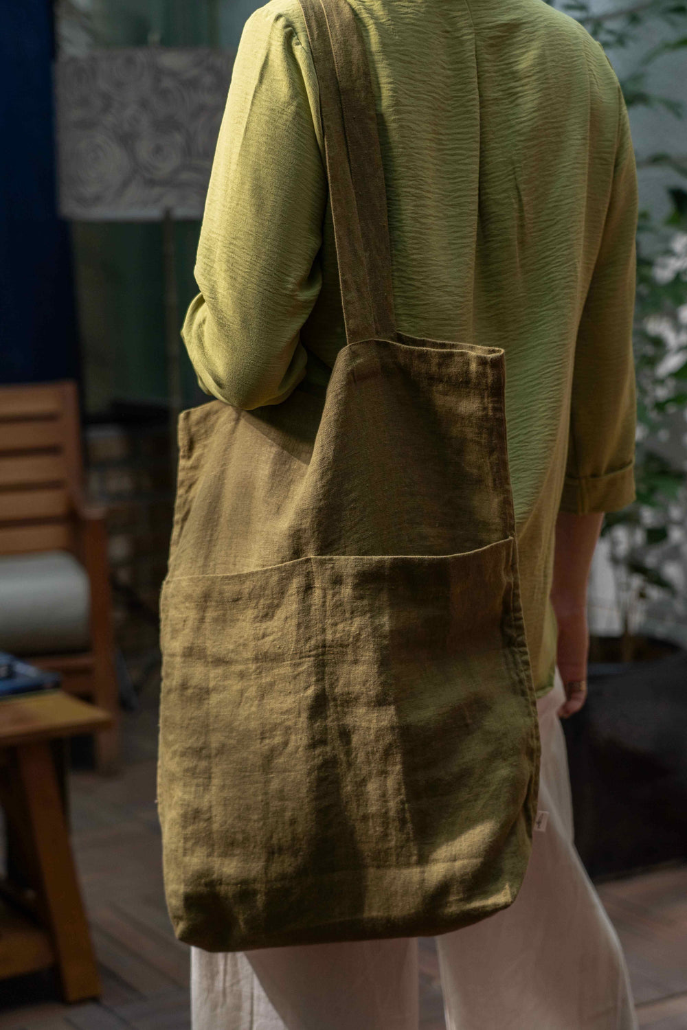 Green Moss Linen Totes With Internal & External Pockets
