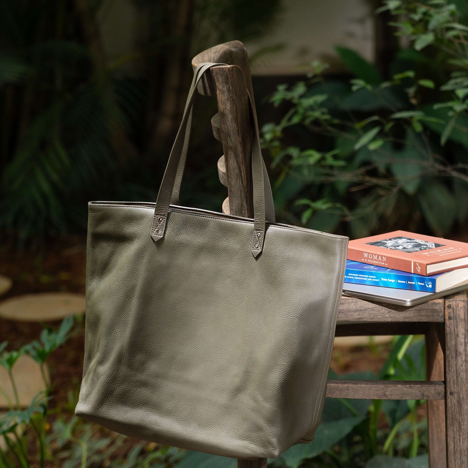 Leather Wide Tote with Zipper - Grey Green