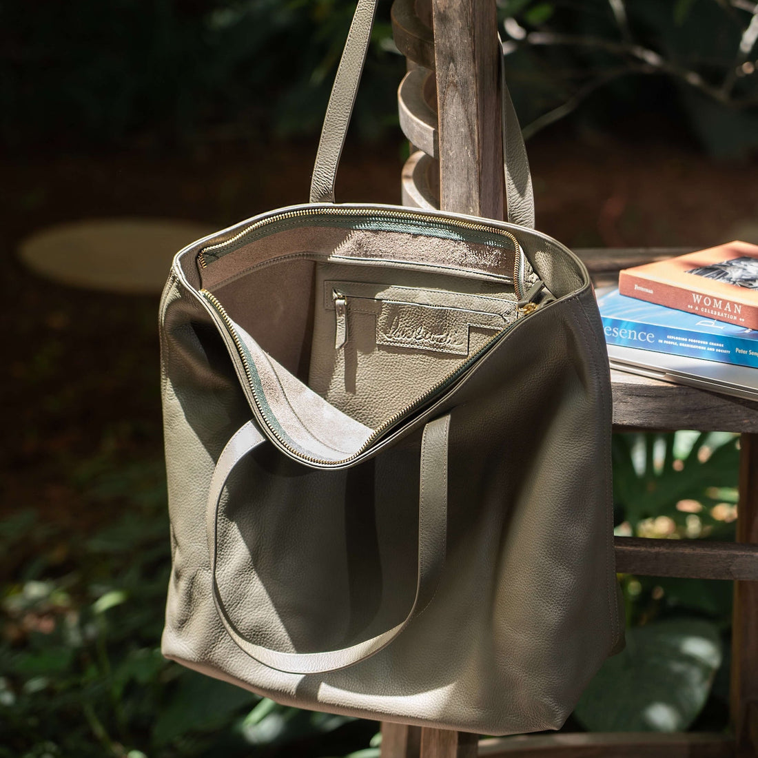 Grey Green Leather Wide Tote Bag