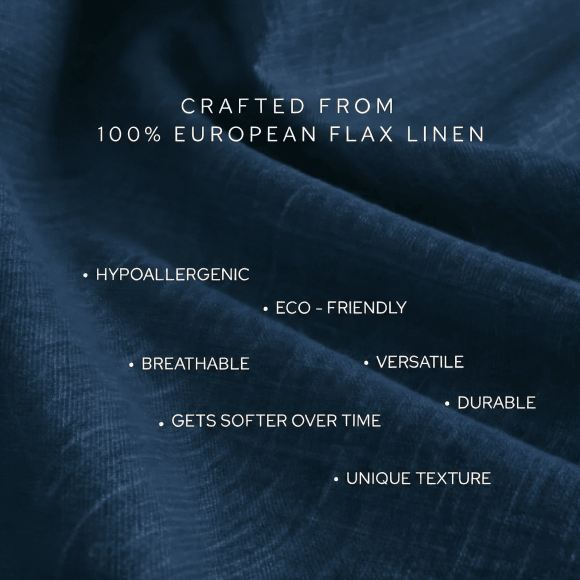 Navy blue fabric with text highlighting features of Belgian linen