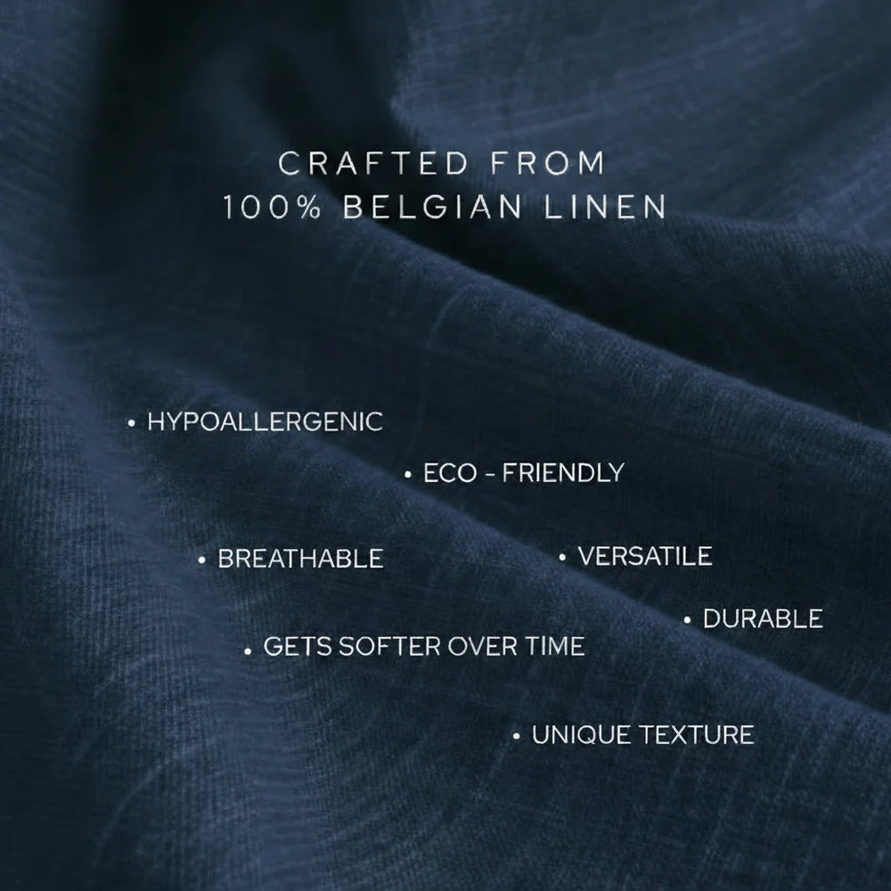 Navy blue fabric with text highlighting features of Belgian linen