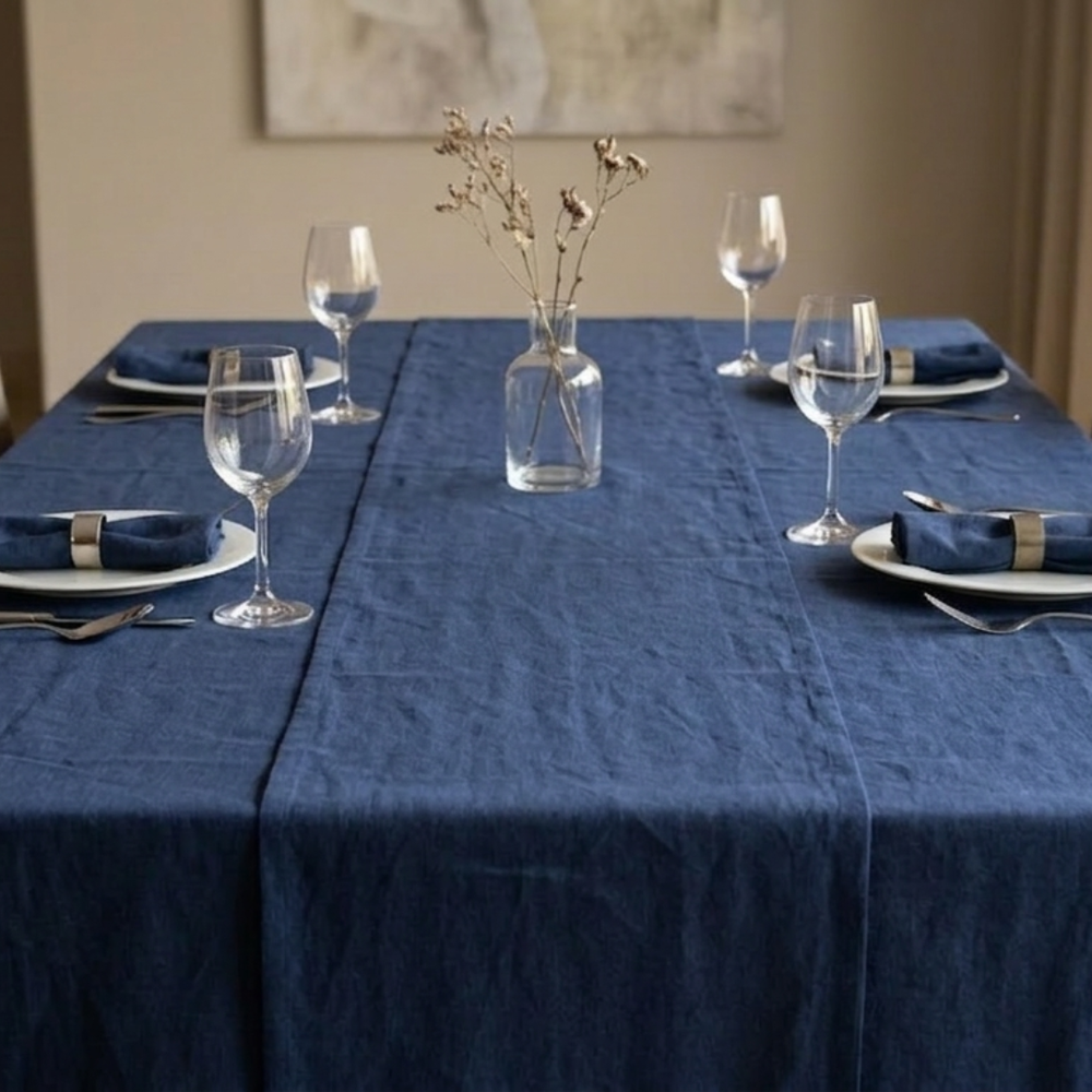 Dining table set with blue tablecloth, wine glasses, and silverware.