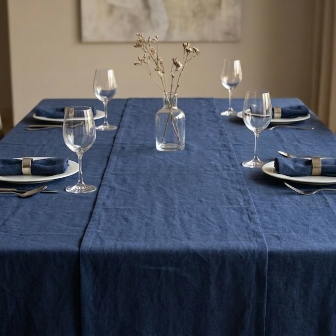 Dining table set with blue tablecloth, wine glasses, and silverware.