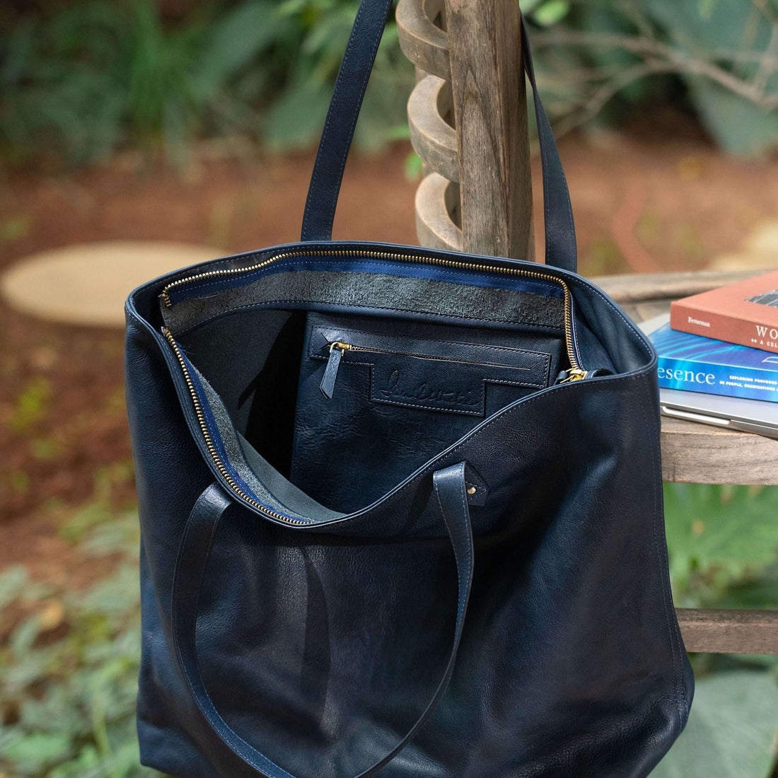 Indigo Leather Wide Tote Bag