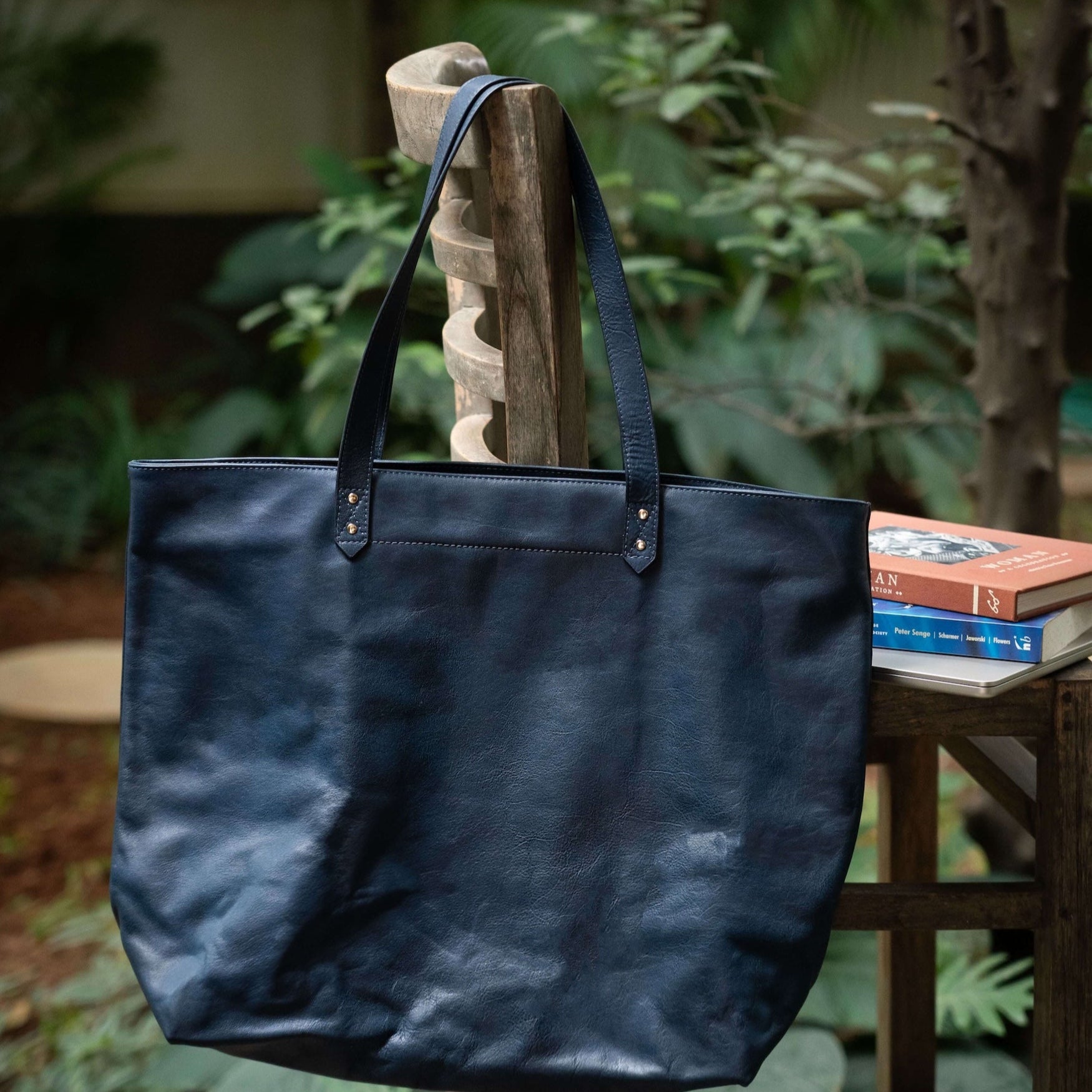 Indigo Leather Wide Tote Bag
