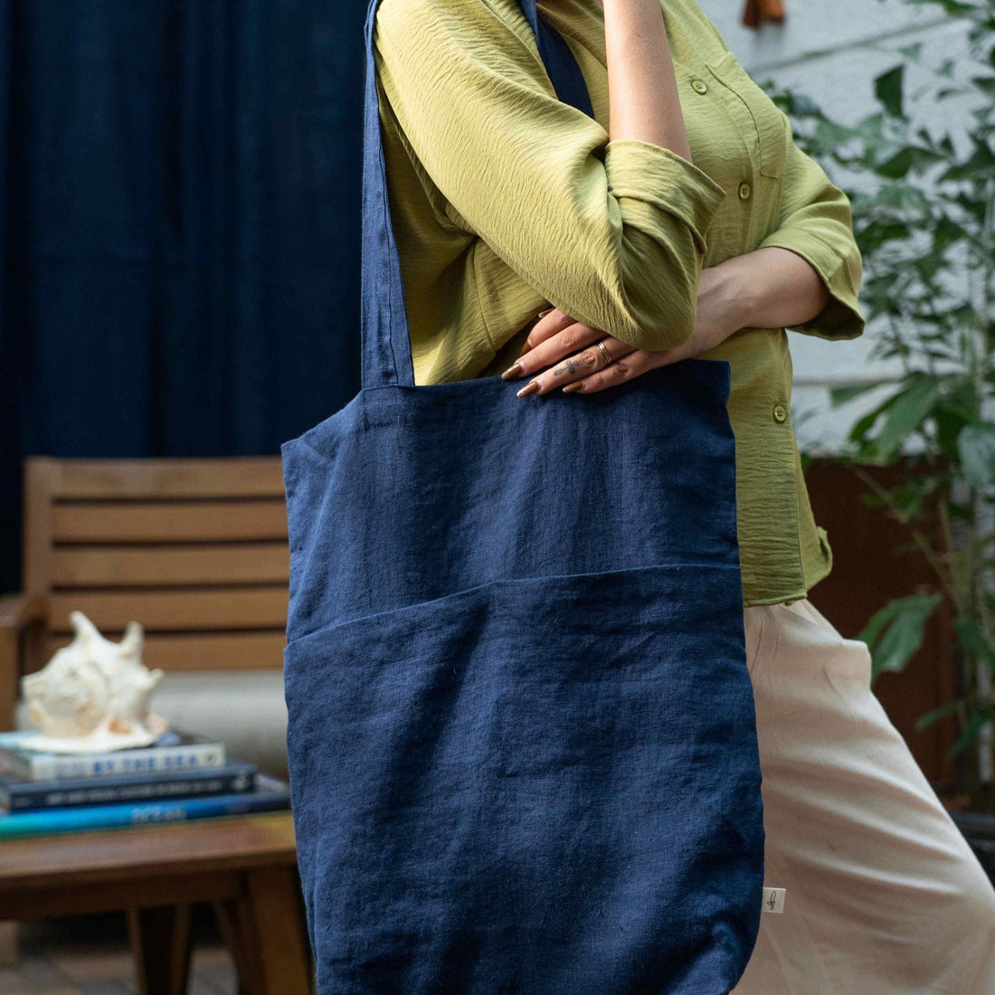 Indigo Linen Totes Bag With Internal & External Pockets