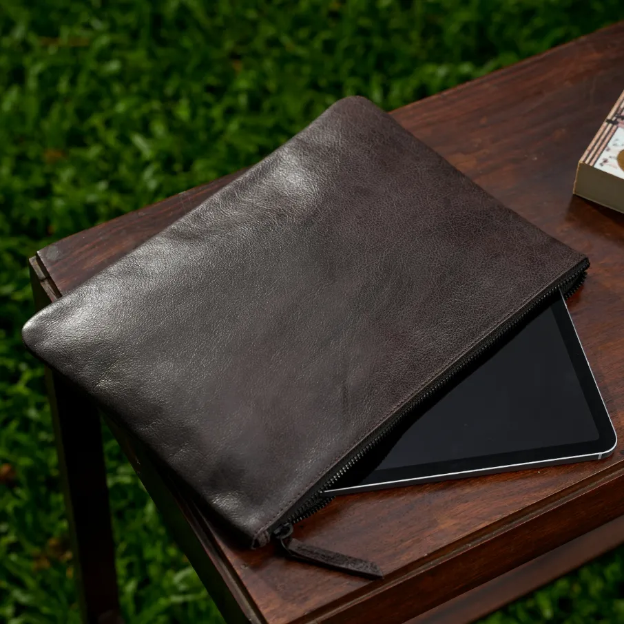 Leather iPad Cover Dark Brown on wooden Table