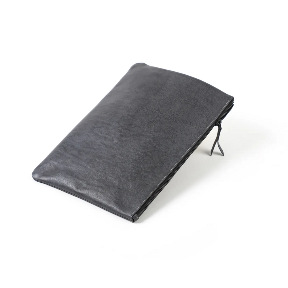  Genuine Leather iPad Cover Clutch in Dark Grey on Wooden Table
