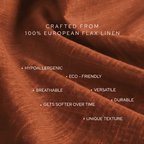 Brown fabric with text highlighting features of 100% Belgian linen