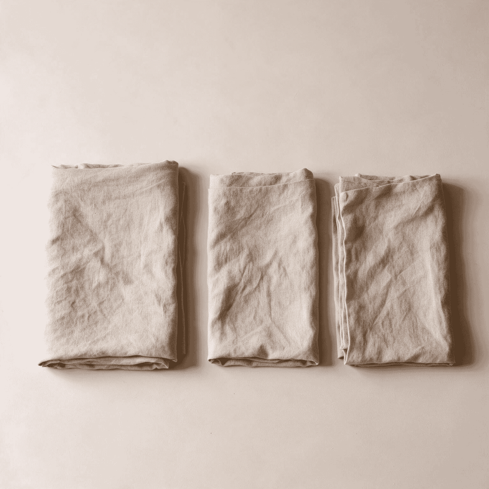 Natural Beige linen flat sheet set laid flat — one flat sheet and two pillowcases neatly folded on a cream background, showcasing the natural stonewashed linen texture