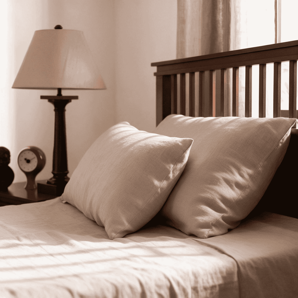Two Natural Beige linen pillowcases against a dark wood headboard with a bedside lamp and sheer curtains, styled in a serene warm-toned bedroom