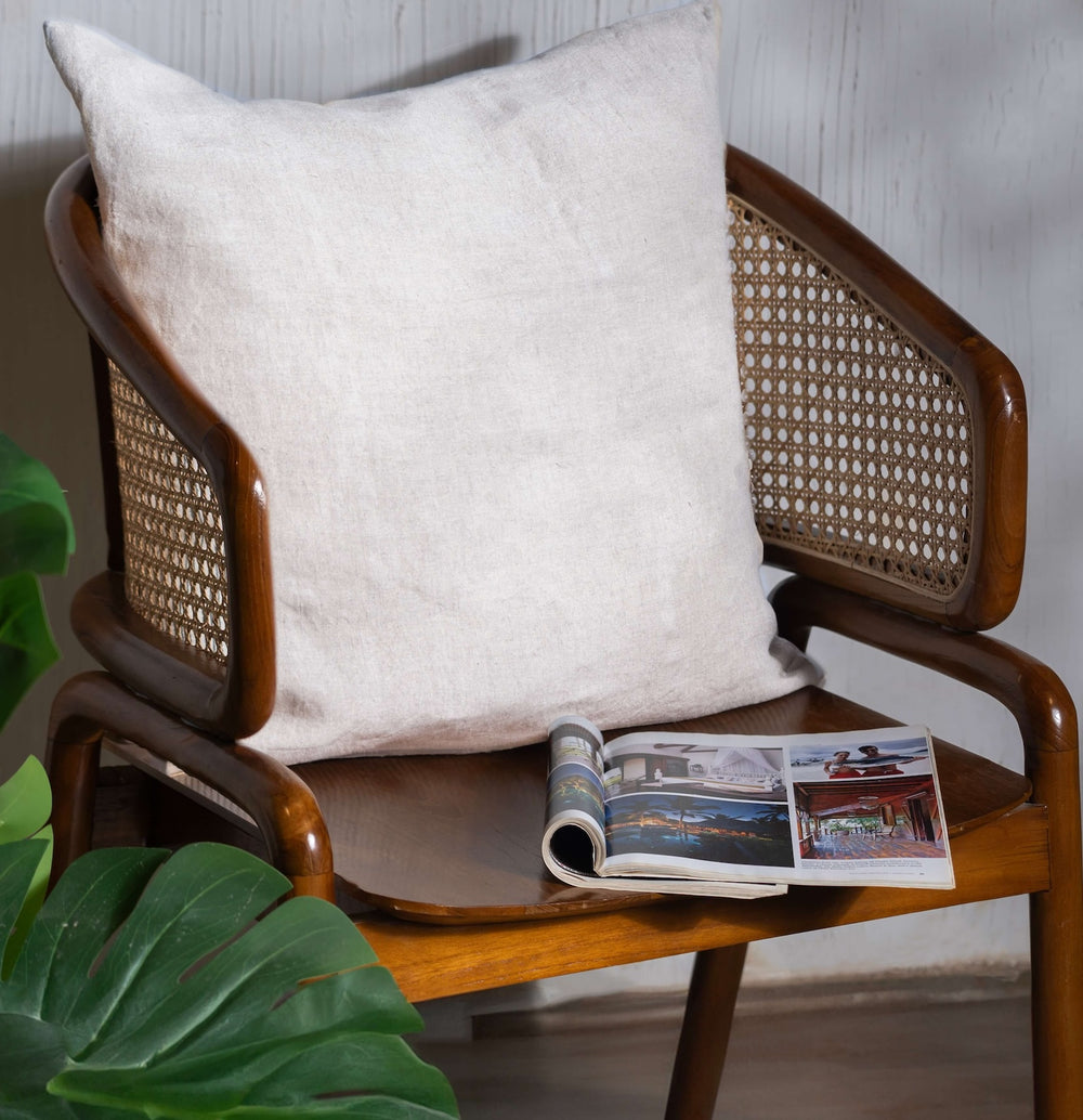 Natural (Beige) Linen Cushion Cover on a wooden chair