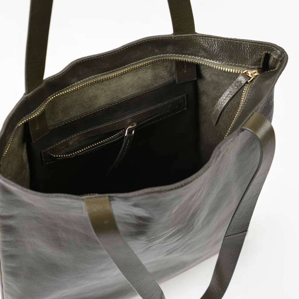 Olive Leather Tote bag with Zipper