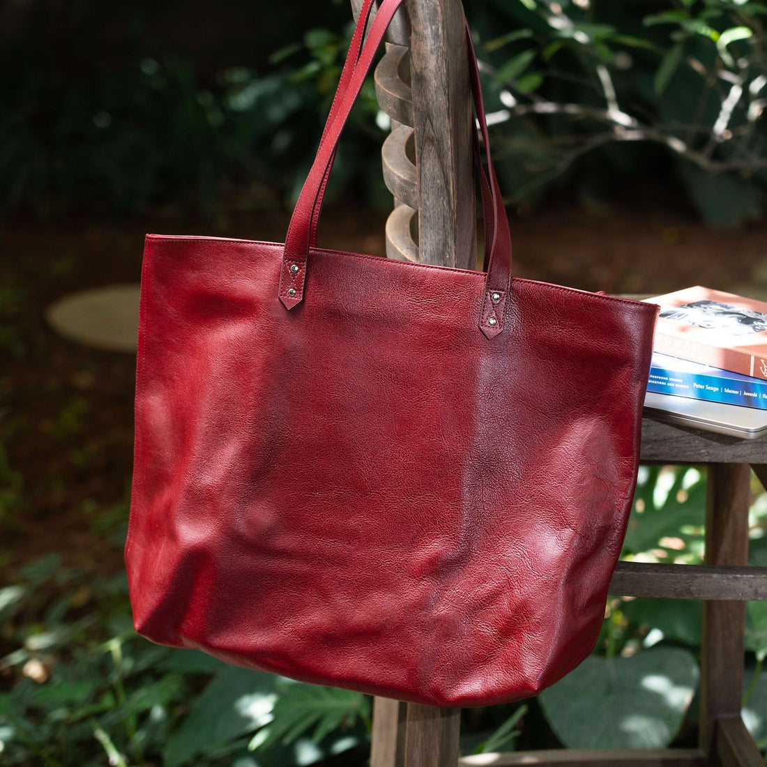 Red Leather Wide Tote Bag