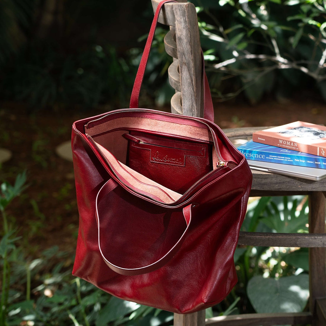 Red Leather Wide Tote Bag