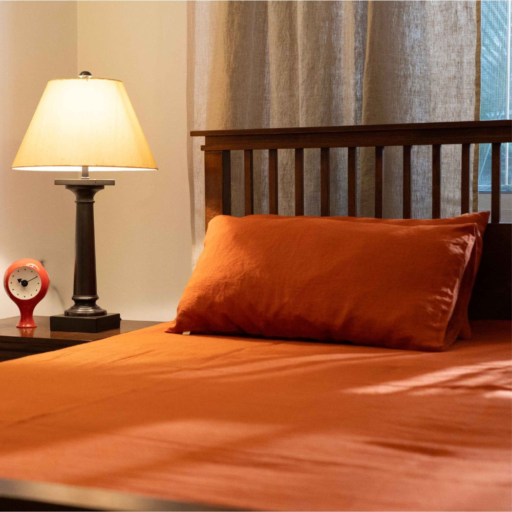Rust Orange Linen Flat Sheet with Pillow cover