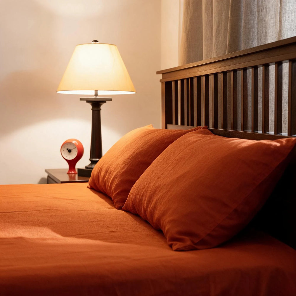 Rust Orange linen pillowcases and flat sheet on a dark wood bed with a warm bedside lamp and sheer curtains, styled in a cosy amber-lit bedroom