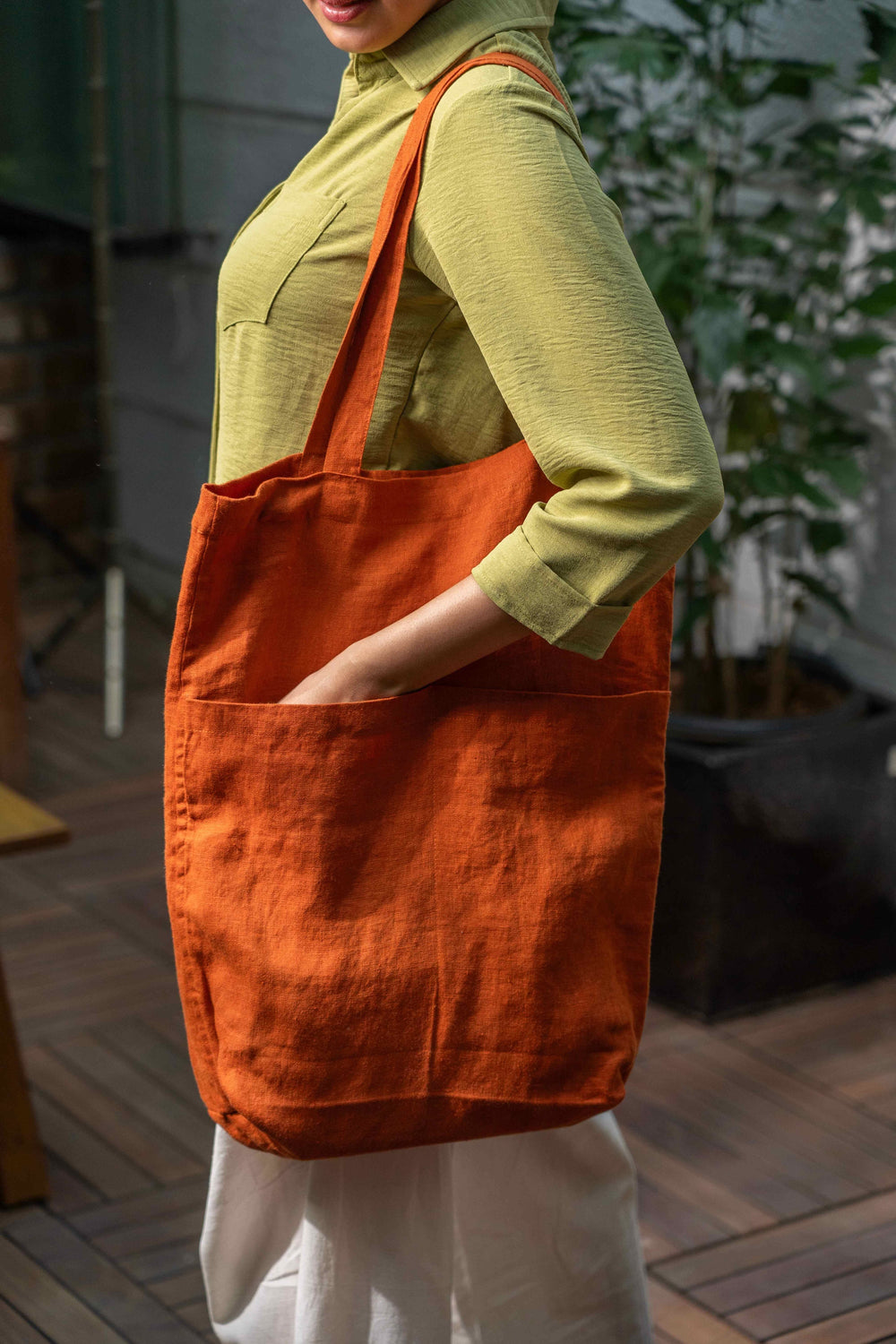 Rust Orange Linen Totes Bag With Internal & External Pockets