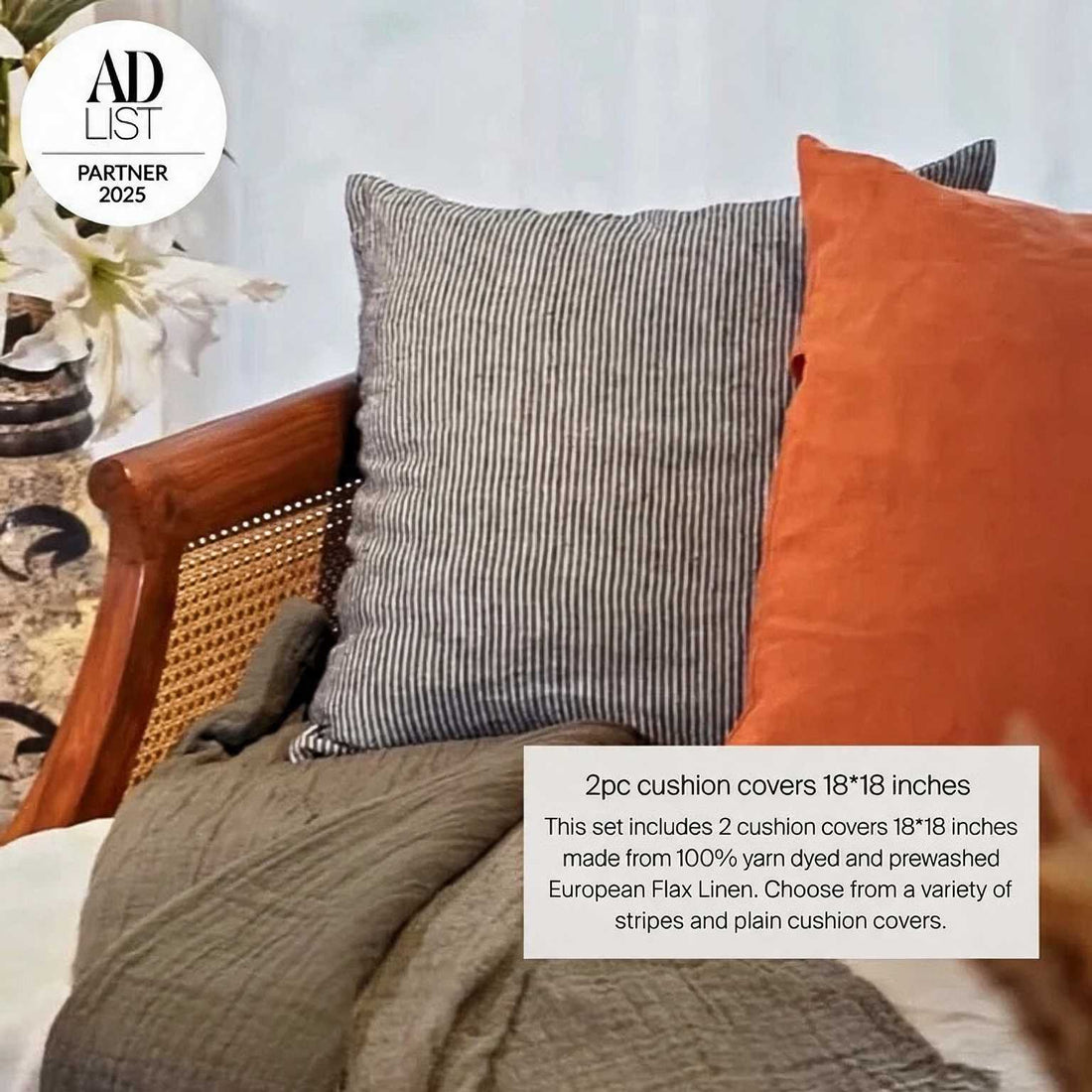 Two cushion covers on a chair with text about the product details.