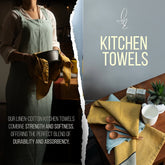 Person holding a pot with a ktichen towel, split image with linen cotton kitchen towels on a table.