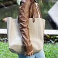 Taupe Leather Wide Tote Bag