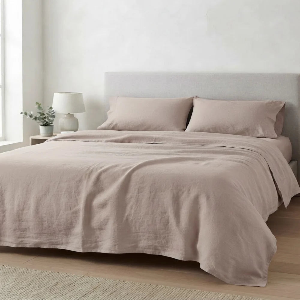 Taupe Linen Flat Sheets With Matching Pillow Covers