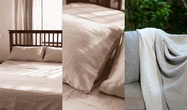 Three vertical panels show neutral-toned bedding in a real bedroom setting: a made bed with beige sheets and pillows, a close-up of a textured pillow, and a draped throw blanket on a sofa with greenery in the background.