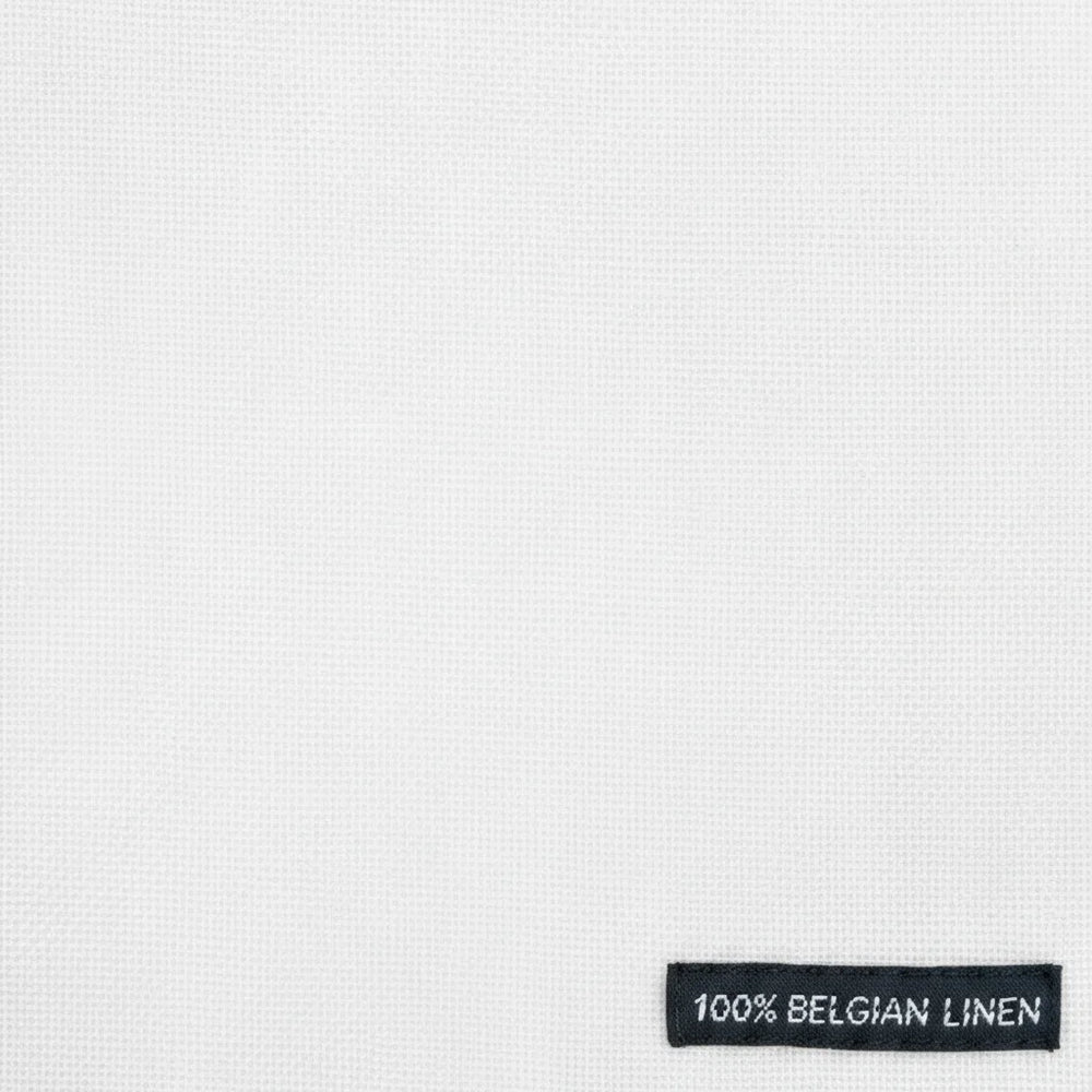 Label on white fabric indicating '100% Belgian Linen'.