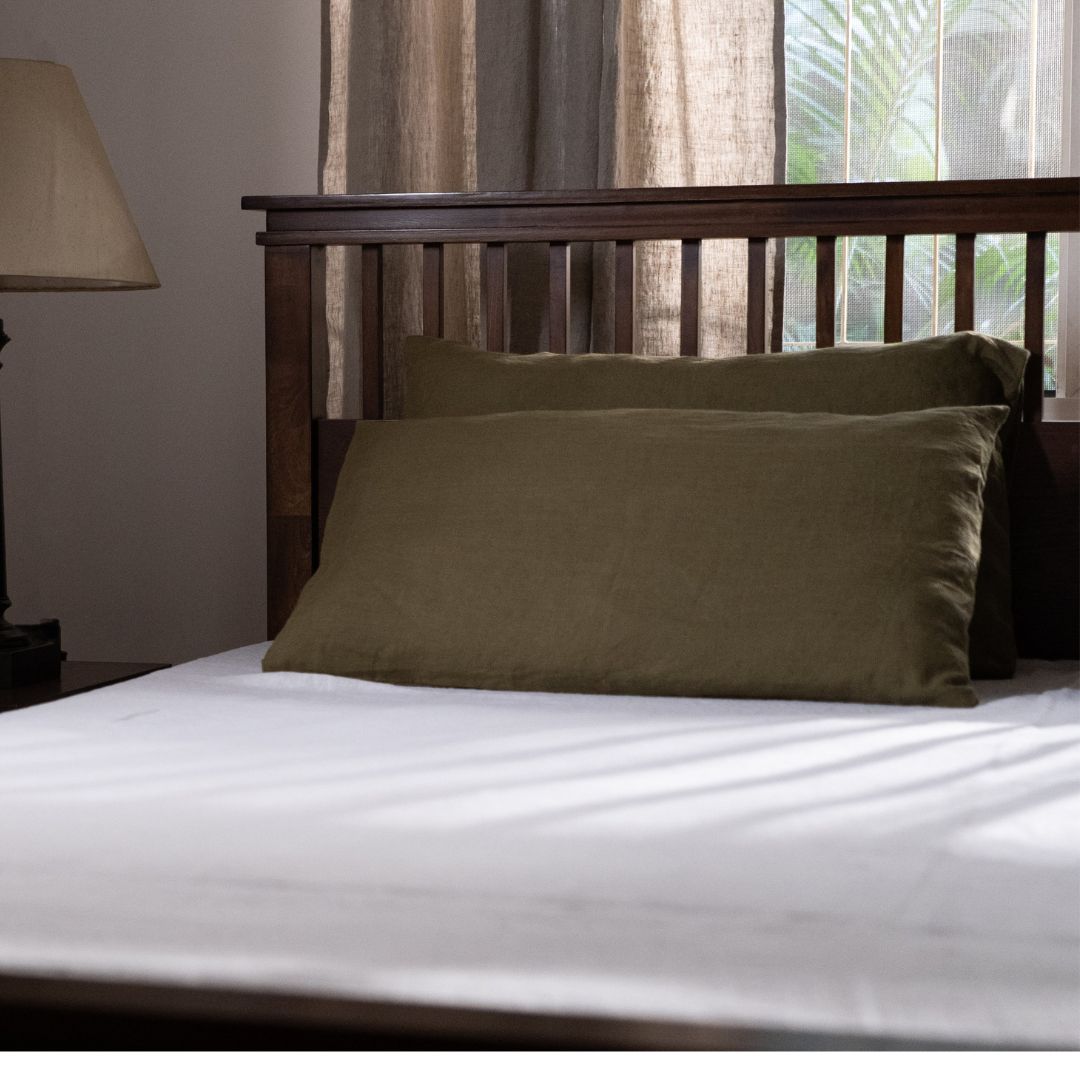 White Linen Flat Sheet with Green moss Pillow cover