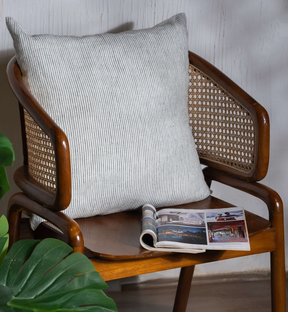 White with Black Stripes Linen Cushion Cover on a Wooden Chair