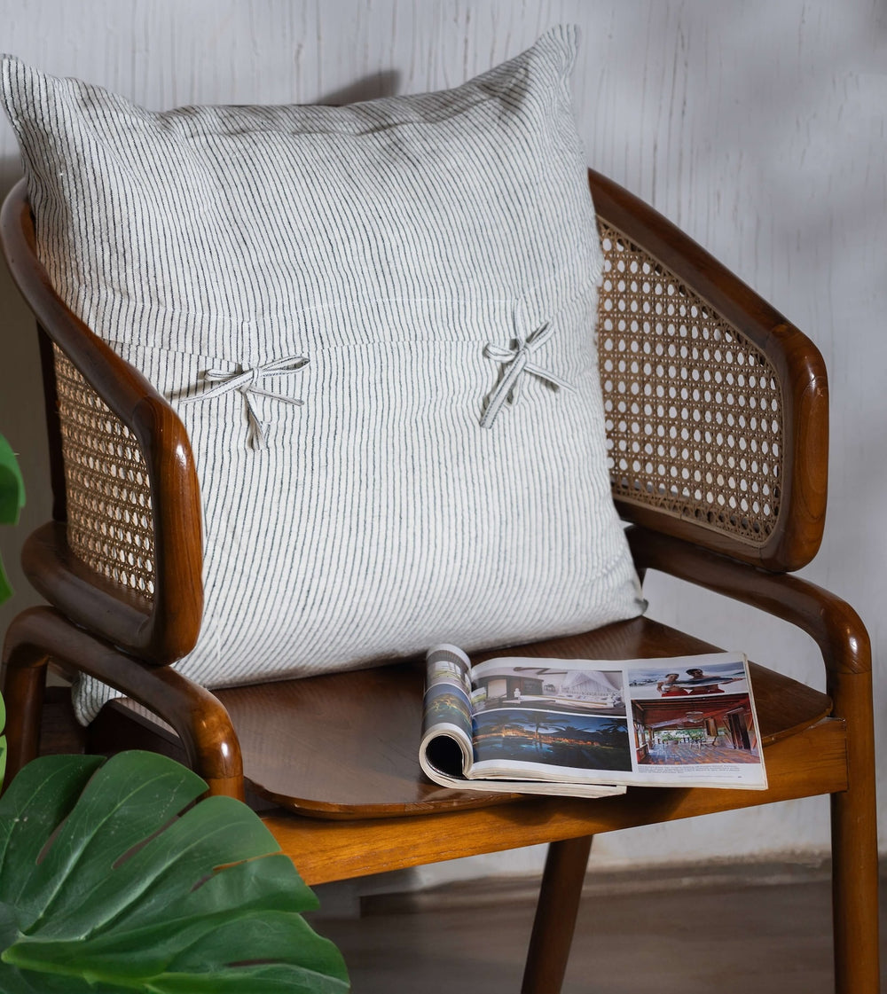 White with Black Stripes Linen Cushion Cover on a Wooden Chair