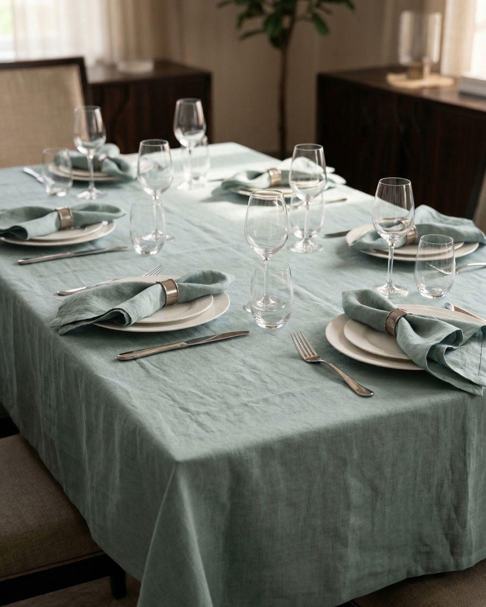 Dining table set with green tablecloth, plates, silverware, and glasses.